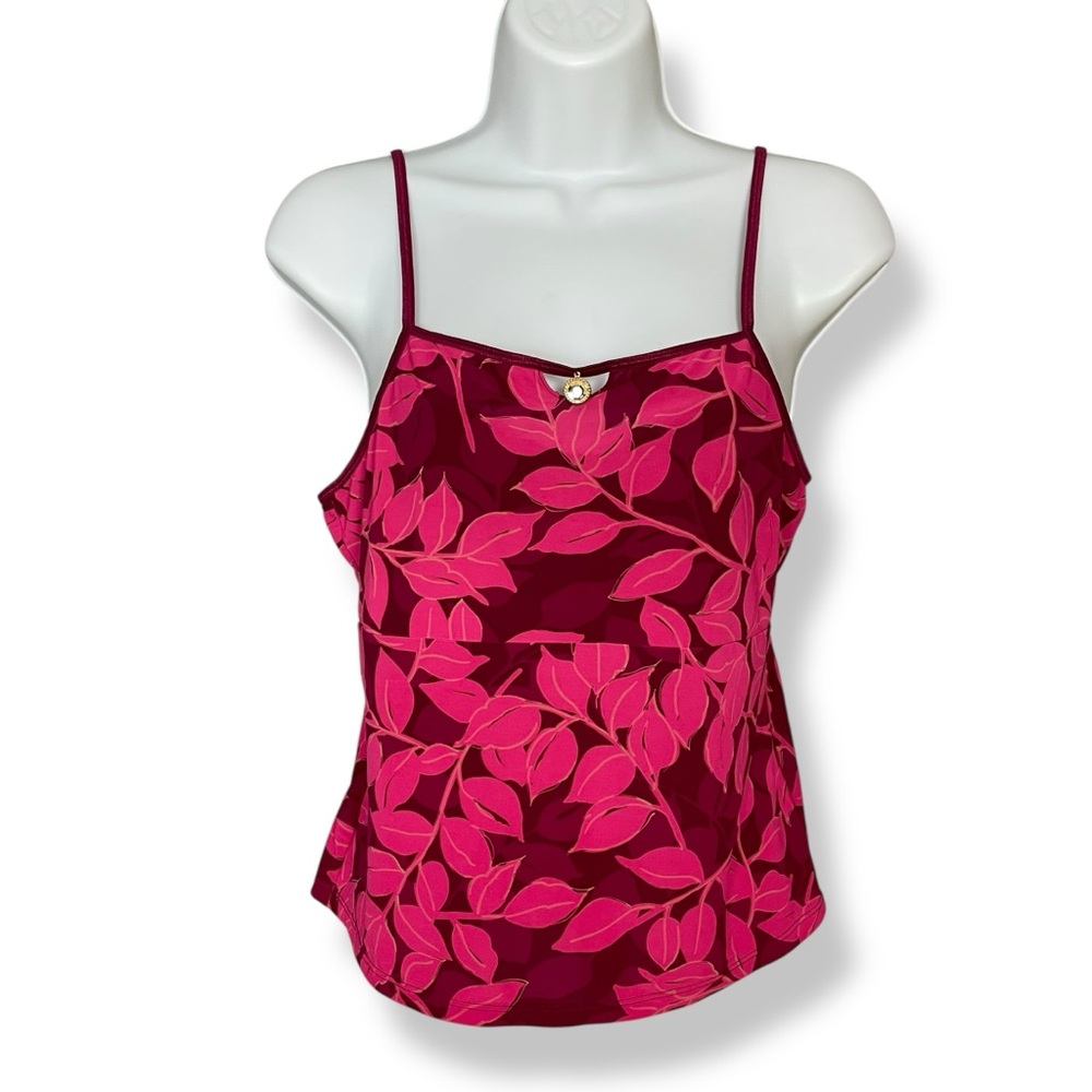 Biatta Tank Top Camisole Leaf Print Jewel Neckline Size Small 5‎ Pink Cami Women